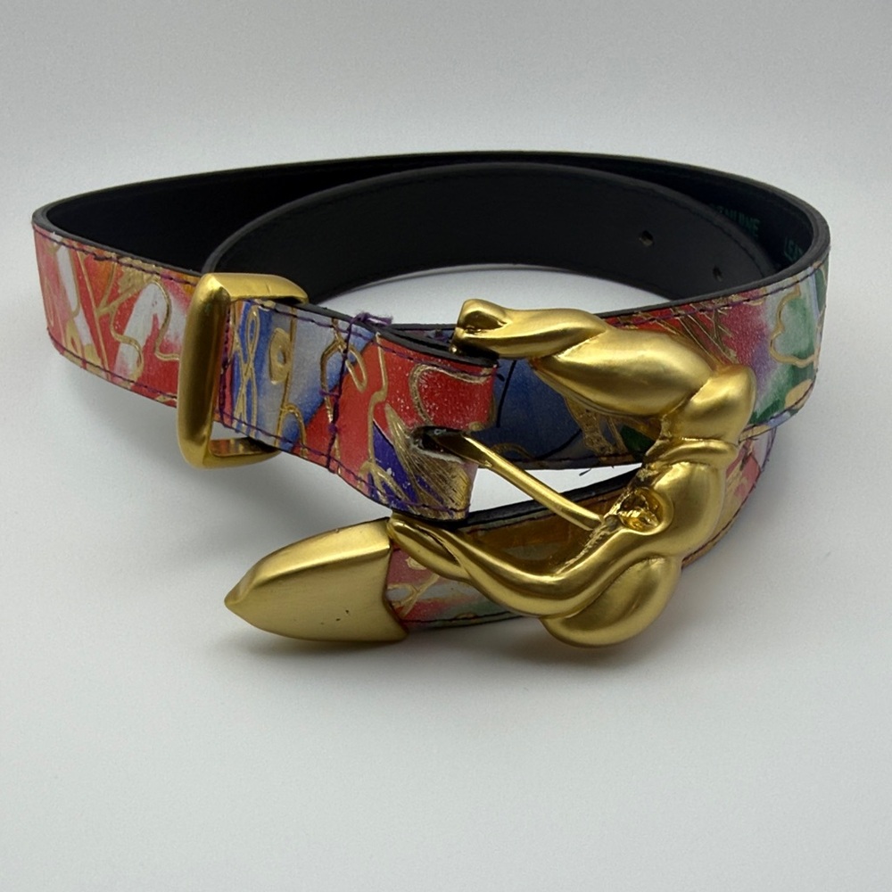 Vintage Leather Statement Belt Sculptural Gold Buckle Art Novelty 80s 90s Medium